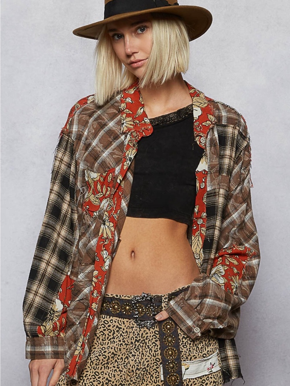 POL Vintage-Inspired Distressed Plaid & Floral Button-Down Shacket-NWT- Sz M
